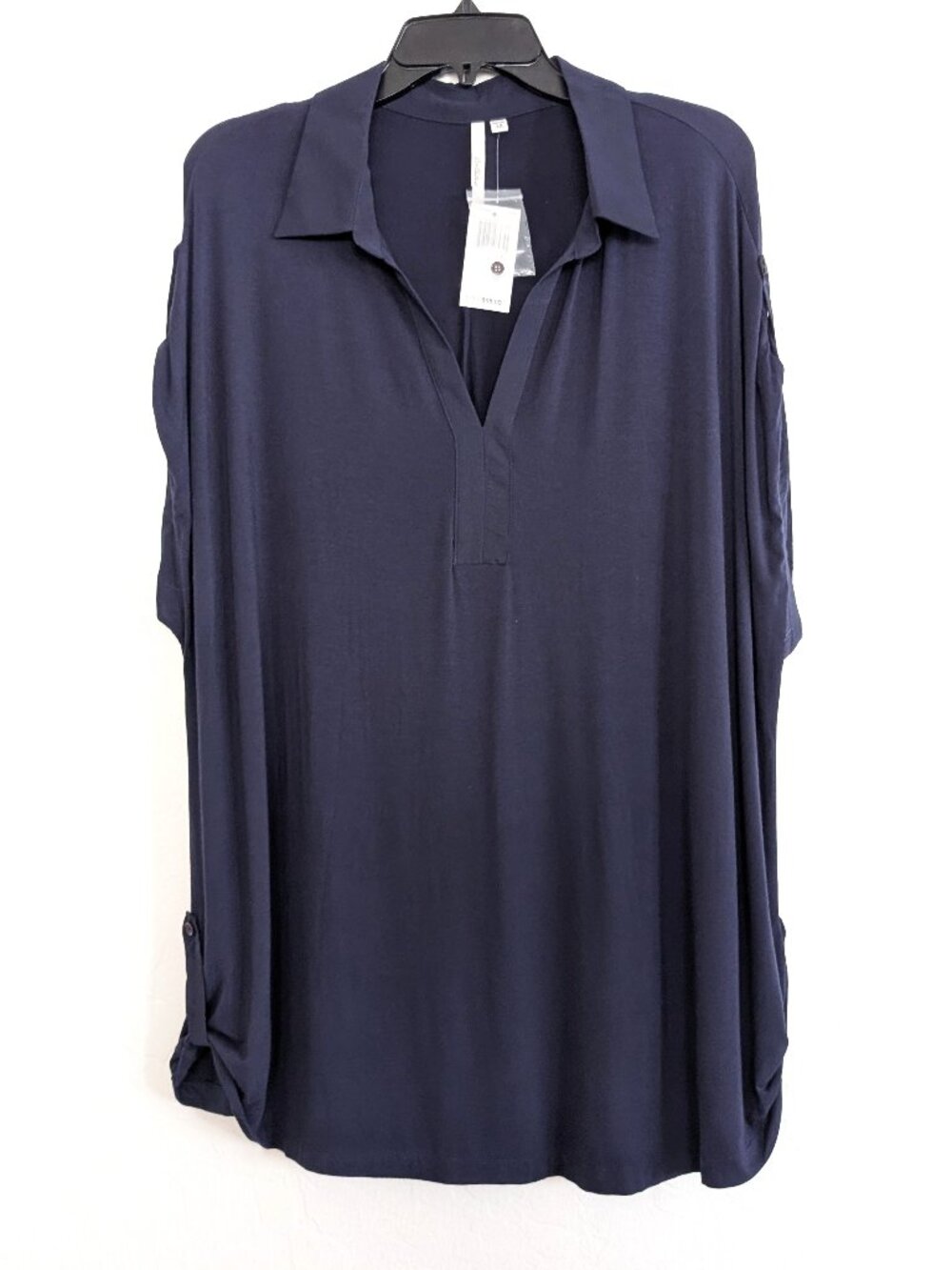 BELLATRIX Blouse 2X Navy Collar V-Neck Short Sleeve Classic Business Top